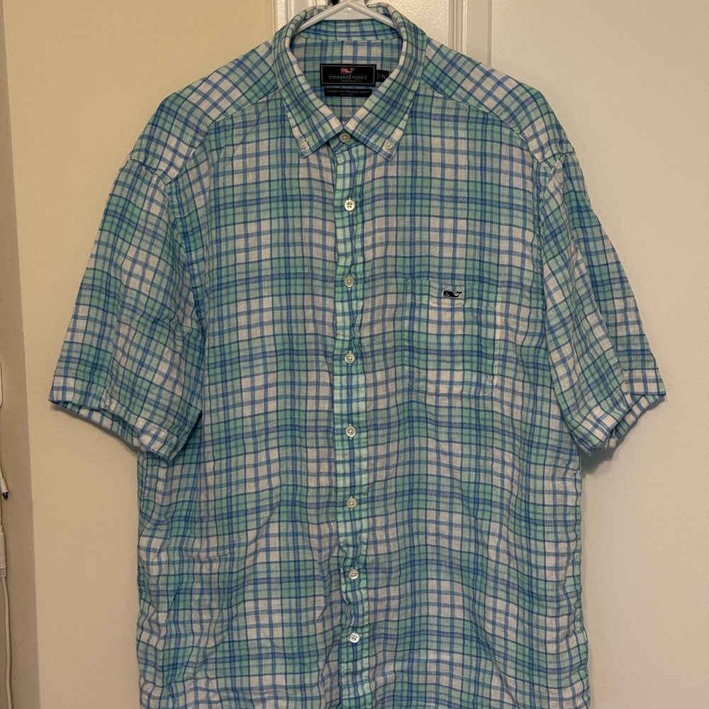 Vineyard Vines Blue and Green Classic Fit Tucker Shirt 100% Linen